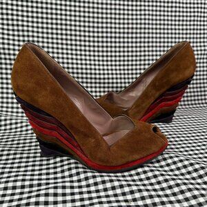 Miu Miu Vintage Y2K Suede Brown Rainbow Wedge Peep Toe Heel EU 38.5 / US 8.5